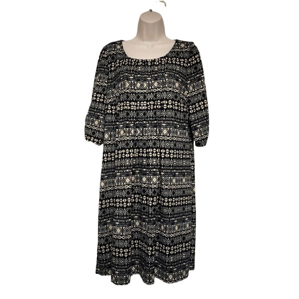 Perceptions New York black tan dress tucks Tribal pattern 3/4 sleeve Mis…